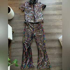 Daisy Street button up and flared pants in rainbow sequin